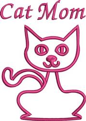 Playful pink cat with large eyes and a curled tail, featuring 'Cat Mom' text, perfect for embroidery projects.