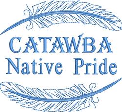 Text-based design featuring 'CATAWBA Native Pride' in blue with lighter blue decorative feathers.