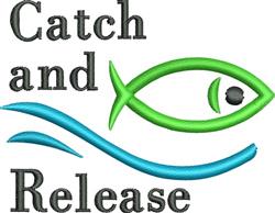 Playful fish icon with flowing blue waves and 'Catch and Release' text in black. Vibrant design for outdoor themes.