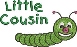 Playful cartoon caterpillar with a smiling face and purple antennae, featuring 'Little Cousin' text in green, perfect for kid