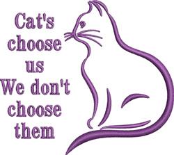 Playful silhouette of a purple cat with the text 'Cat's choose us We don't choose them.' Ideal for pet lovers.