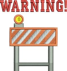 Warning sign with a cartoonish orange and white striped barrier, bold red text, and a bright yellow light.