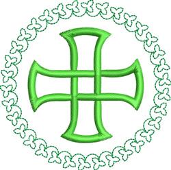Celtic cross with a prominent green color and a leafy decorative border, showcasing a clean and modern style.
