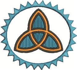 Celtic knot design in vibrant blue and orange, encircled by a serrated blue border, features a clean geometric style.