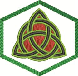 Celtic knot design with a vibrant red center, outlined in black and surrounded by a hexagonal green border.
