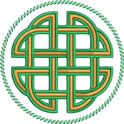 Celtic knot design embroidered with green and orange threads, featuring a detailed circular border, ideal for quilting.