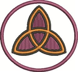 Celtic knot design featuring interlocking triangular shapes within a circular outline, in soft purple and orange.