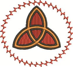 Celtic trinity knot in vibrant red and orange, framed by a zigzag-stitched circular border, perfect for quilting.