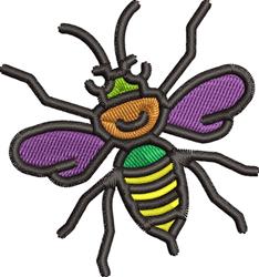 Cheerful bee with a beige body, vibrant purple wings, and green accents. Playful design perfect for kids.