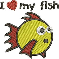 Playful yellow fish with red fins and cartoonish eyes, featuring 'I love my fish' text, perfect for kitchen towels.