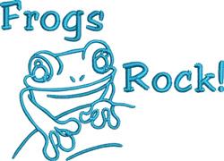Playful frog with bright blue outline and large smile, alongside 'Frogs Rock!' text in vibrant design.