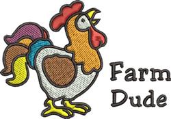 Cheerful rooster with vibrant red, yellow, and brown plumage alongside bold 'Farm Dude' text. Playful design.