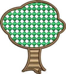Playful tree with a vibrant green checkered canopy and solid brown trunk, outlined in clean stitch.