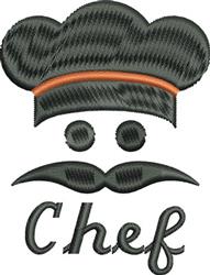 Cartoon chef hat with an orange band and a playful mustache, featuring cheerful 'Chef' text below.