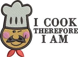 Cheerful cartoon chef with a white hat and mustache, vibrant colors, and text 'I COOK THEREFORE I AM'.