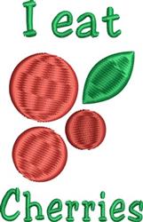 Playful design featuring 'I eat Cherries' in green text with three stylized red cherries and a green leaf, perfect for spring