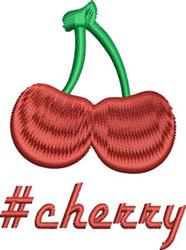 Playful cherry applique with vibrant red cherries, green stem, and bold #cherry text, perfect for spring decor.
