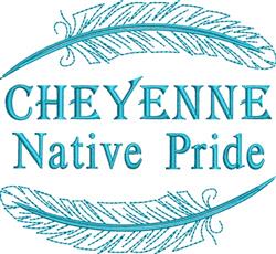 Stylized text design 'CHEYENNE Native Pride' in bold blue with elegant feathers, showcasing cultural pride.