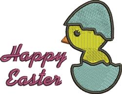Playful yellow chick emerging from a blue eggshell with 'Happy Easter' in vibrant purple, perfect for festive decor.