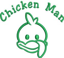 Cartoon chicken with a playful expression in green embroidery, featuring bold lettering 'Chicken Man' above.