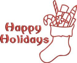 Christmas stocking filled with colorful candies and a candy cane, featuring 'Happy Holidays' text, festive and whimsical.