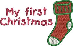 Colorful Christmas stocking with green cuff, playful text 'My first Christmas', perfect for festive embroidery.