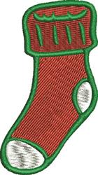 Cartoonish Christmas stocking in vibrant red with a green cuff and white accents, perfect for festive decor.
