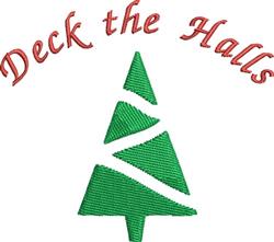 Modern green Christmas tree applique with three triangular sections and bold red 'Deck the Halls' text.