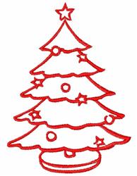 Simple line art Christmas tree outlined in red with circular ornaments and a star, perfect for festive decorations.