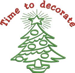 Stylized Christmas tree with circular ornaments and a star, featuring the playful text 'Time to decorate' in red.