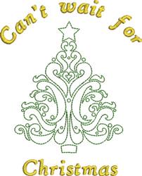 Whimsical Christmas tree adorned with swirling green decorations, a golden star on top, and festive text.