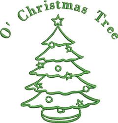 Stylized green Christmas tree with colorful ornaments and curved text 'O' Christmas Tree' in festive design.