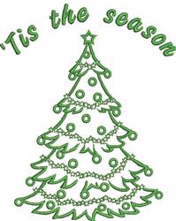 Simplistic Christmas tree design with a green silhouette, colorful ornaments, and 'Tis the season' text.