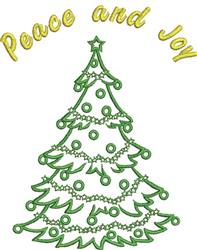 Simple line art of a green Christmas tree with ornaments and a star, featuring 'Peace and Joy' in cheerful yellow. Perfect fo