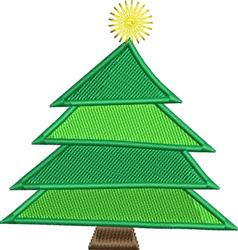 Cheerful Christmas tree with green layered sections, yellow star, and brown trunk, perfect for festive celebrations.