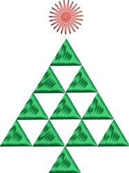 A playful geometric Christmas tree featuring green triangles, topped with a bright red star, perfect for festive decor.