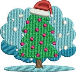 Colorful Christmas tree design with pink ornaments, red hat, and white snowflakes in a cheerful winter scene.