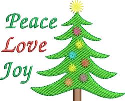 Cheerful Christmas tree adorned with colorful ornaments and vibrant 'Peace', 'Love', and 'Joy' text.