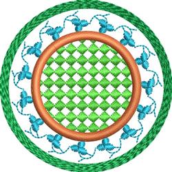 Colorful circular design with intricate patterns, featuring an orange border, green inner circle, and blue accents.