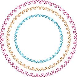 Circular embroidery pattern with concentric circles and waves in vibrant pink, orange, and blue hues, showcasing geometric sy