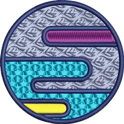 Circular abstract design featuring bold purple, blue, and yellow lines on a textured gray background.