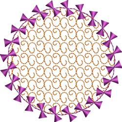 Circular design features playful purple bows and golden swirling lines, perfect for quilting projects.