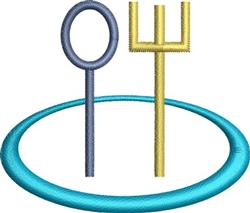 Circular frame with a loop and pitchfork in vibrant turquoise, navy blue, and bright yellow. Modern minimalistic design.