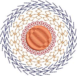 Vibrant circular geometric design featuring an orange circle, red lace-like pattern, and blue zigzag lines.
