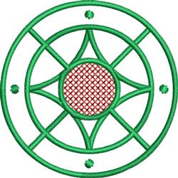 Circular geometric design featuring a green outline and textured red center, showcasing modern intricate patterns.