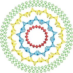 Colorful circular geometric pattern with yellow triangles, blue elements, red circle, and green diamonds.
