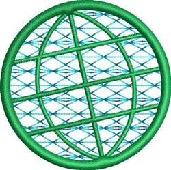 Geometric globe design with a vibrant green outline, blue grid pattern, and a circular shape, ideal for modern embroidery.