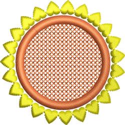 Circular decorative frame with an orange ring and yellow hearts, featuring an open mesh center. Playful style for spring.