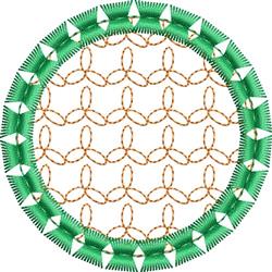 Circular design with green leaves framing golden loops; modern, vibrant quilting pattern for textiles.