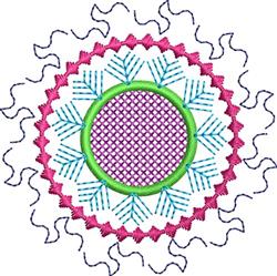 Vibrant decorative circular design featuring a central purple circle, green ring, blue leaf motifs, and wavy pink border.